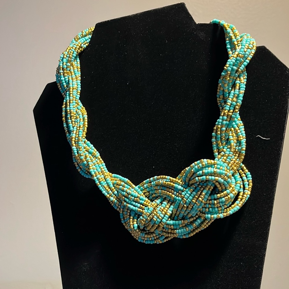 Beaded necklace. Small intricate beads. Mint green and gold.